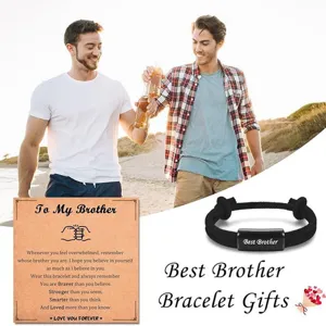 Adjustable braided rope bracelet with engraved metal bar, perfect men's gift for brother.