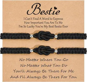Black braided couple bracelet set detail showing the knot design and sweet friendship message card.