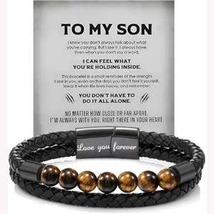 Men's multi-layer leather bracelet with tiger eye stones, stainless steel clasp and gift card.