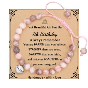 Handmade pink stone beaded bracelet with birthday card gift for girls aged 7 years old.