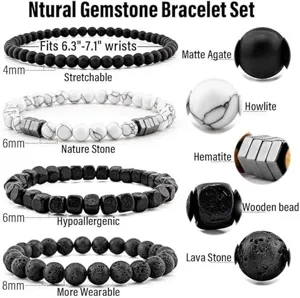 Natural gemstone bracelet set featuring matte agate, howlite, hematite, wood and lava stone beads.