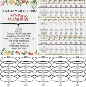Christmas snowflake wish bracelet detail view, black braided cord jewelry gift card presentation.