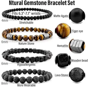 Natural gemstone bracelet set featuring matte agate, tiger eye, hematite, and lava stone beads.