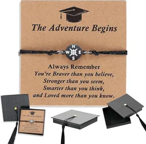 Graduation compass braided bracelet with inspirational quote card and cute cap gift box set.
