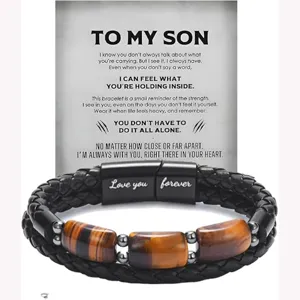 Men multi-layer leather bracelet featuring tiger eye beads and stainless steel magnetic clasp card.