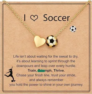 Gold soccer ball and heart pendant necklace on inspirational quote backing card for sports fans.