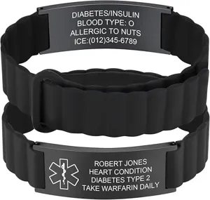 Black stainless steel medical alert ID bracelet with silicone band for emergency use.