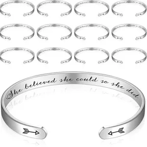 Stainless steel cuff bracelet with inspirational engraved quote for women daily wear gift.