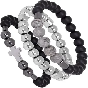 Detailed view of multi-layer beaded bracelet set with matte black and silver beads.