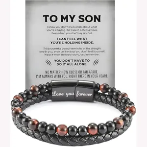Men's multi-layer leather tiger eye stone beaded bracelet with stainless steel magnetic clasp.