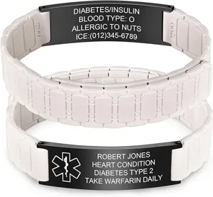 Custom engraved medical alert bracelet, stainless steel black ID tag with white links.