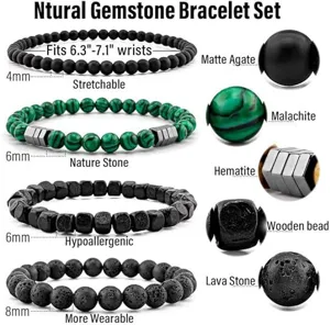 Natural gemstone bracelet set featuring matte agate, malachite, hematite, and lava stone beads.