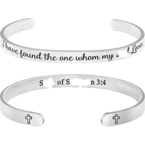 Stainless steel cuff bracelet with inspirational verse engraving, adjustable open bangle for women.