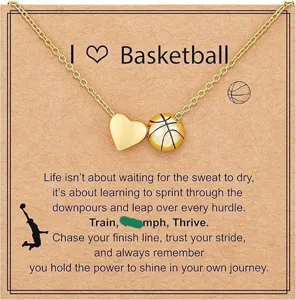 Gold basketball and heart pendant necklace displayed on an inspirational message card.