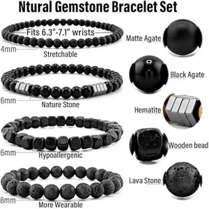 Natural gemstone bracelet set featuring matte agate, black agate, hematite, and lava stone.