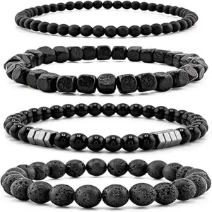 Detailed view of 4 stylish black beaded and magnetic stone bracelets set for men and women.
