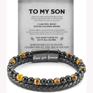 Men Multi Layer Leather Bracelet Stainless Steel Magnetic Clasp Tiger Eye Stone Beaded Bracelet Fashion Jewelry Gift