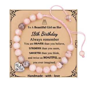18th birthday pink imperial jasper beaded bracelet with heart charm and sweet card gift.