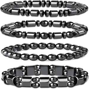 Magnetic hematite bracelet detail view showing various styles of black stone health jewelry.