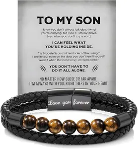 Tiger eye multi-layer leather bracelet with card and stainless steel clasp detail