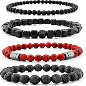 Detailed close-up view of multi-style bead bracelets showcasing various textures and stones.