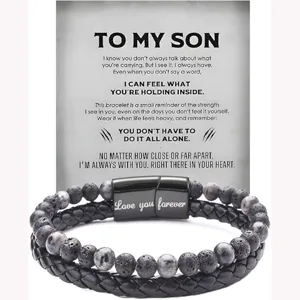 Men's Multi-Layer Leather Stone Bead Bracelet Stainless Steel Magnetic Clasp Gift Card