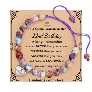 Handmade imperial jasper braided bracelet with 22nd birthday card and heart charm gift.