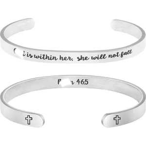 Stainless steel inspirational engraved cuff bracelet with cross for women and girls daily wear