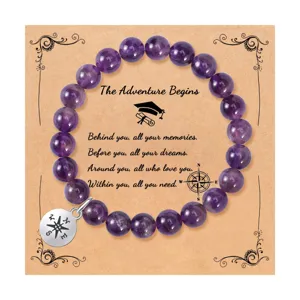 Pulsera de cuentas de amatista natural con dije de brújula regalo de graduación mujer