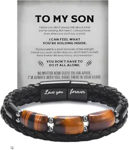 Men multi-layer leather bracelet with tiger eye stone and stainless steel magnetic clasp gift
