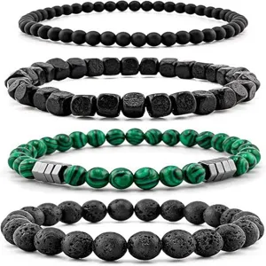 Detailed view of a four-piece beaded bracelet set featuring black stone, wood, and malachite.