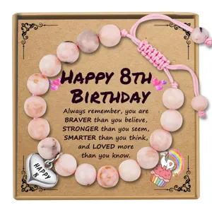 Pink Imperial Stone Beaded Bracelet Girls 8th Birthday Gift Heart Charm Adjustable Woven