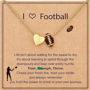 Gold-plated football heart pendant necklace with motivational card, perfect for sports fans.