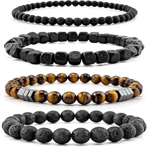 Set of four natural stone and wood bead bracelets featuring tiger eye and lava stone design.