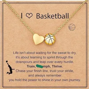 Gold Basketball Heart Pendant Necklace Sports Theme Fashion Jewelry Gift For Women