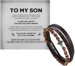Mens multi-layer leather bracelet with tiger eye stone, stainless steel cross and magnetic clasp.