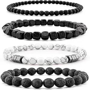 Set of 4 beaded bracelets featuring matte black stones, wooden beads, and white turquoise.