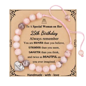 Pink zebra jasper beaded bracelet with birthday card, adjustable heart charm gift.