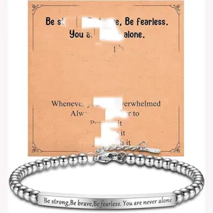 Stainless steel bead bracelet with engraved bar inspirational quote adjustable jewelry for women