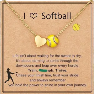 Softball heart necklace with athletic theme pendant and inspirational card packaging main view.