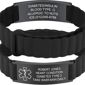 Stainless Steel Medical Alert Bracelet Engraved Curved Plate Silicone Strap Medical ID Bracelets For Men Women