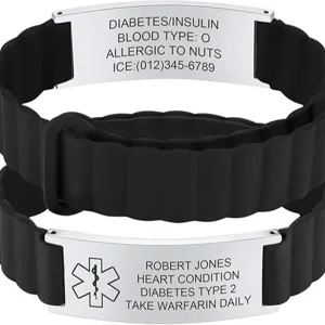 Stainless Steel Medical Alert Bracelet Black Silicone Emergency ID Custom Engraved Jewelry