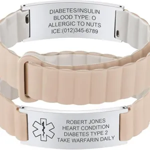 Stainless steel medical alert bracelet with custom engraved ID info for safety and daily wear.
