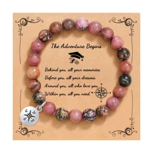 Pulsera de cuentas de piedra natural de 8mm con dije de brújula regalo de graduación