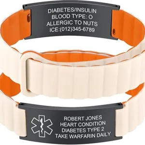 Stainless steel medical alert bracelet with custom engraved info, silicone strap design for daily wear.