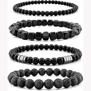 4-piece set of black stone magnetic bead bracelets for health, wellness, and couples fashion.