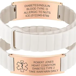 Stainless steel medical alert ID bracelet with white silicone strap and custom engraved plate.