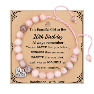 Handmade Natural Stone Beaded Bracelet With Heart Pendant Adjustable Braided Rope Birthday Gift Jewelry For Women