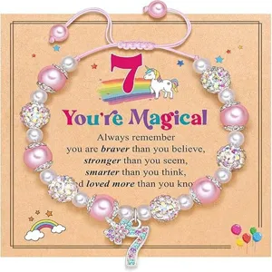 Handmade unicorn 7th birthday pearl beaded bracelet with card magical gift for girls