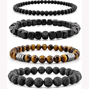 Set of 4 natural stone and magnetic therapy beaded bracelets for men and women, stylish and durable.